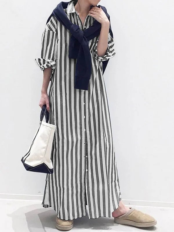 Striped Single-Breasted Shirt Dress