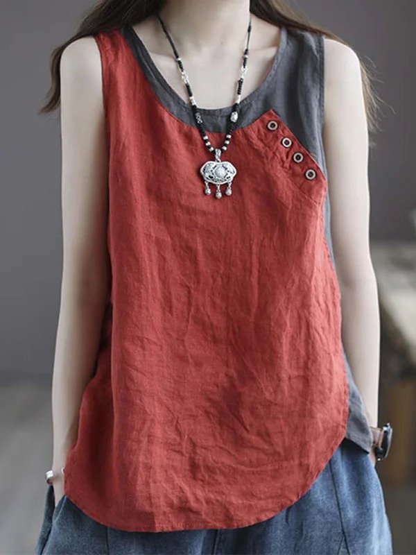 Women's Cotton Linen Colorblock Button Loose Sleeveless Top