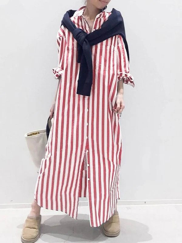 Striped Single-Breasted Shirt Dress