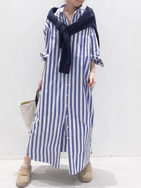 Striped Single-Breasted Shirt Dress