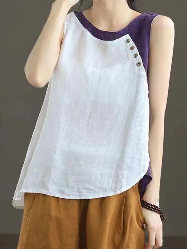 Women's Cotton Linen Colorblock Button Loose Sleeveless Top