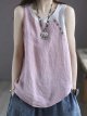 Women's Cotton Linen Colorblock Button Loose Sleeveless Top