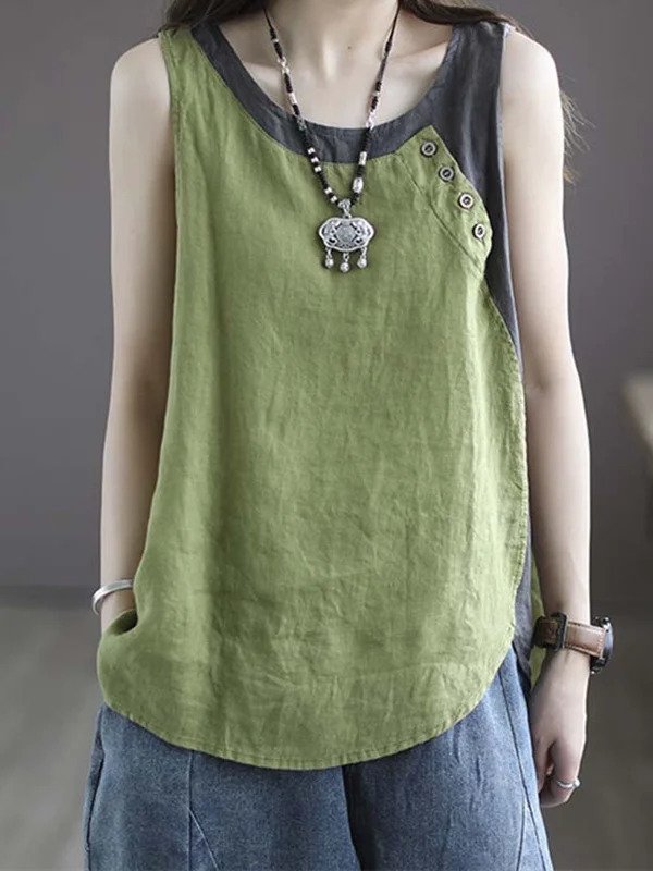 Women's Cotton Linen Colorblock Button Loose Sleeveless Top